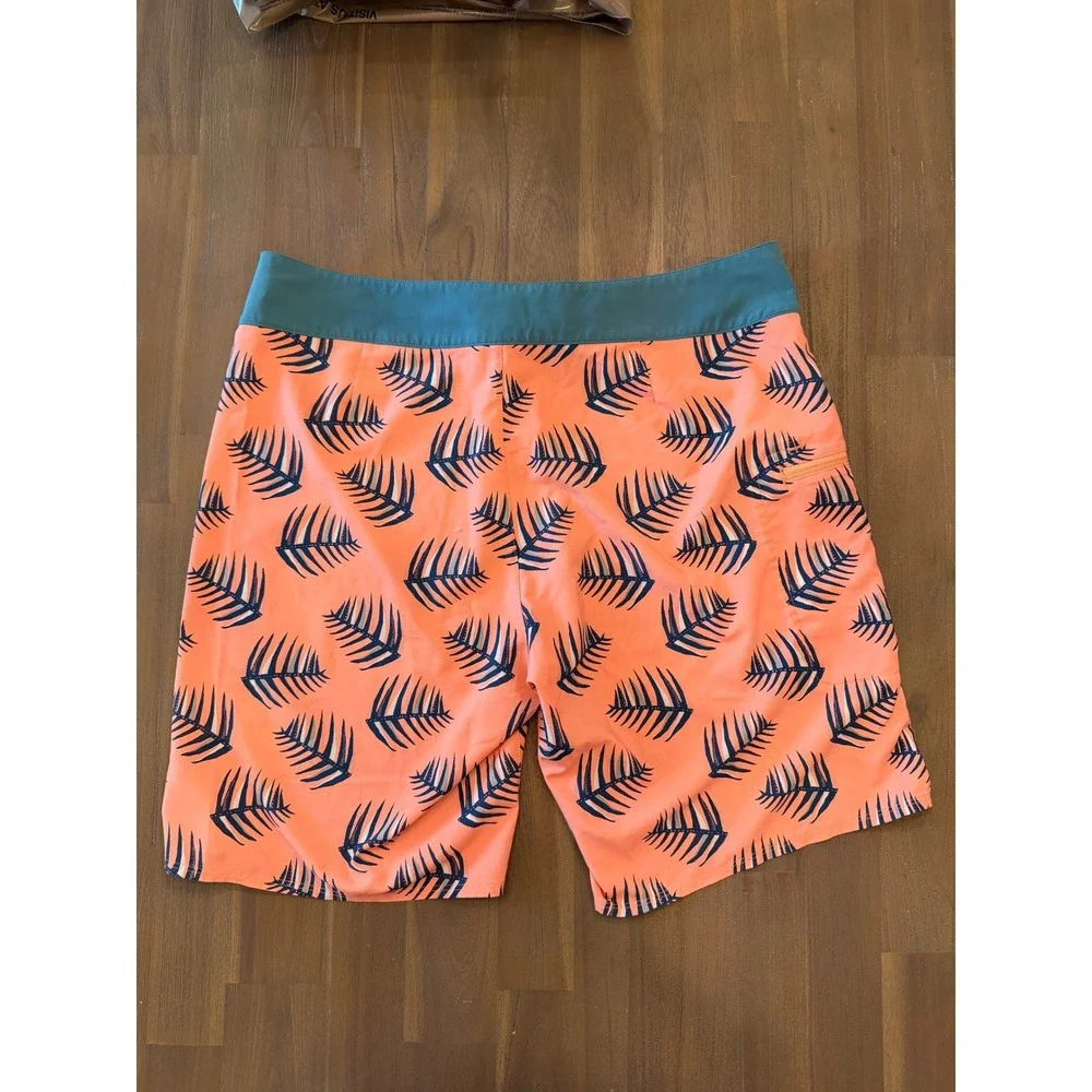 Patagonia Mens Board Shorts 33 Orange Blue‎ Palm Leaf Print Swim Trunks